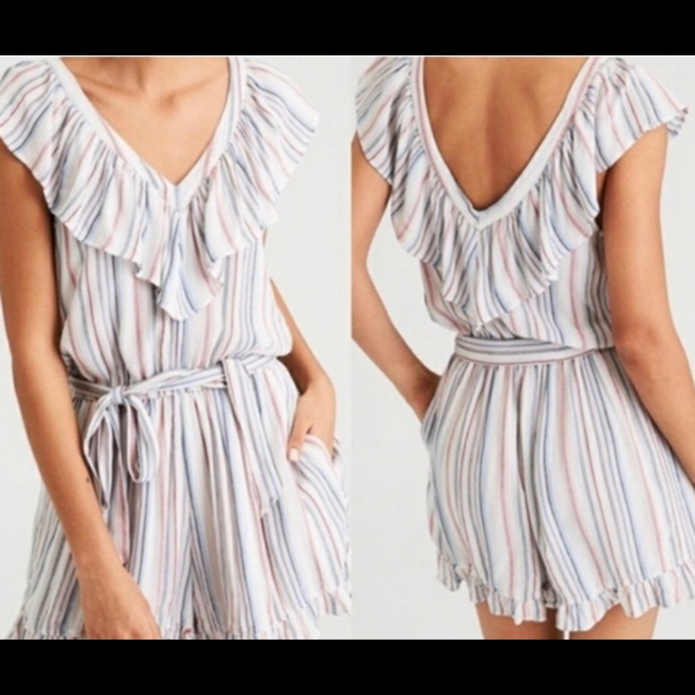 American Eagle Outfitters Pastel Striped Backless Ruffle Romper